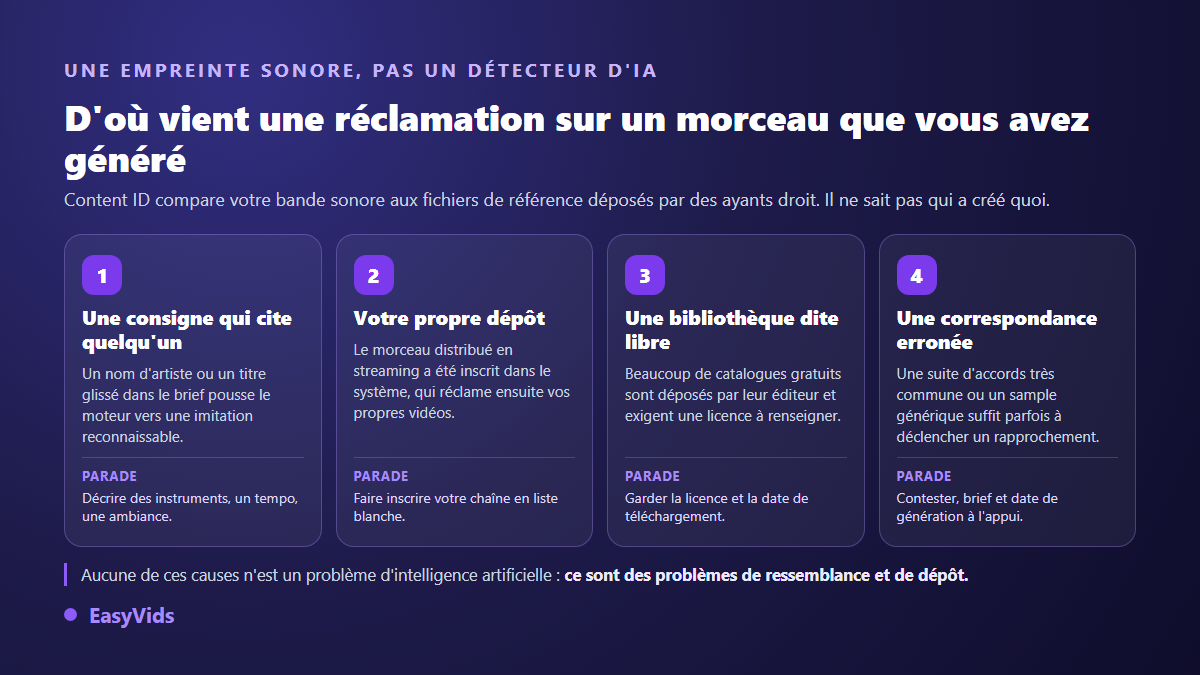 Les quatre origines d'une réclamation Content ID sur une musique générée par IA et la parade correspondante