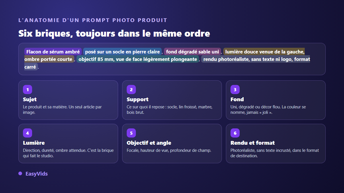Anatomie d'un prompt photo produit découpé en six briques : sujet, support, fond, lumière, objectif et angle, rendu et format