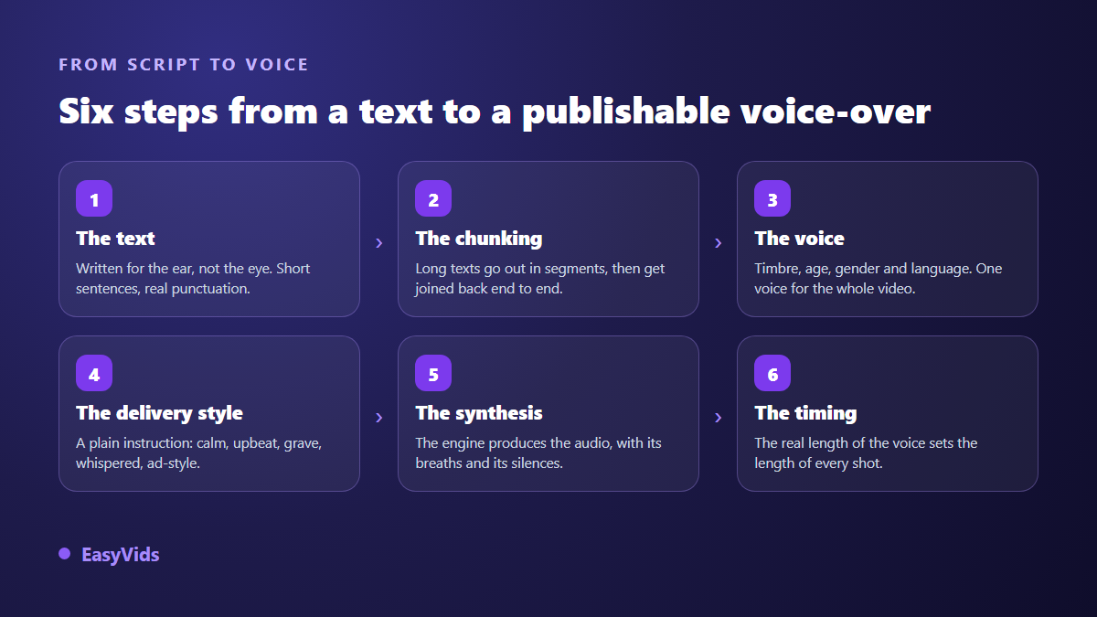 The six steps of an AI voice over: script, splitting, voice selection, reading style, synthesis and syncing to picture