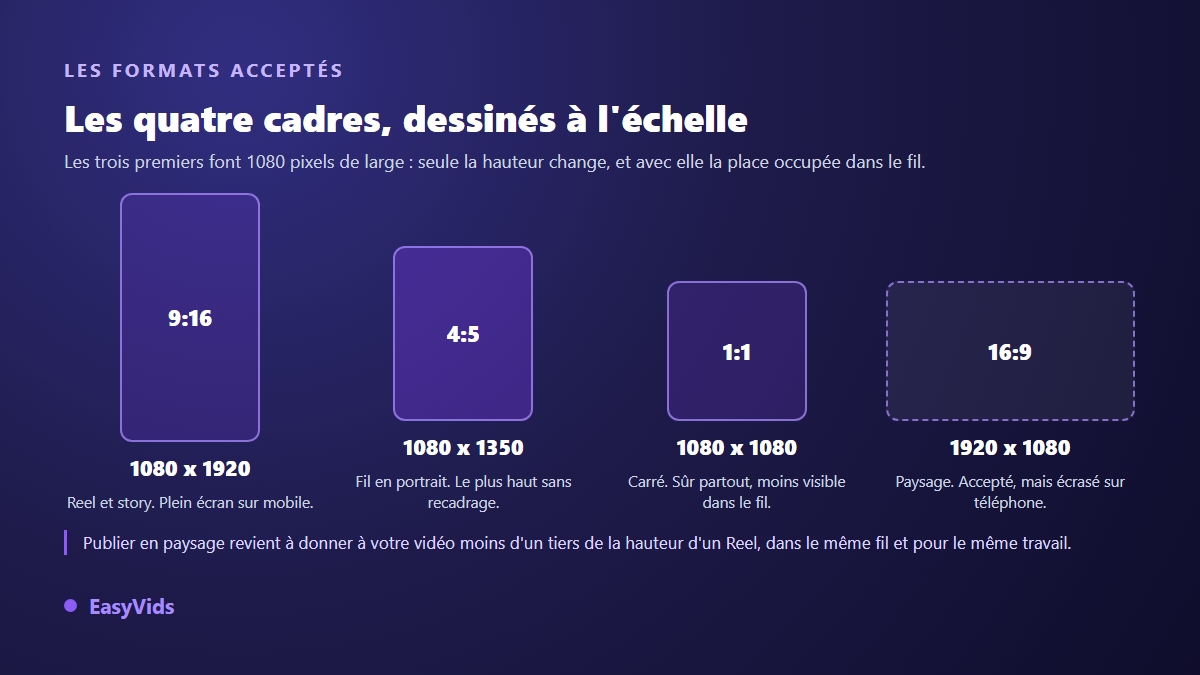 Les quatre formats vidéo Instagram dessinés à l'échelle : 9:16 en 1080 x 1920, 4:5 en 1080 x 1350, carré 1:1 et paysage 16:9
