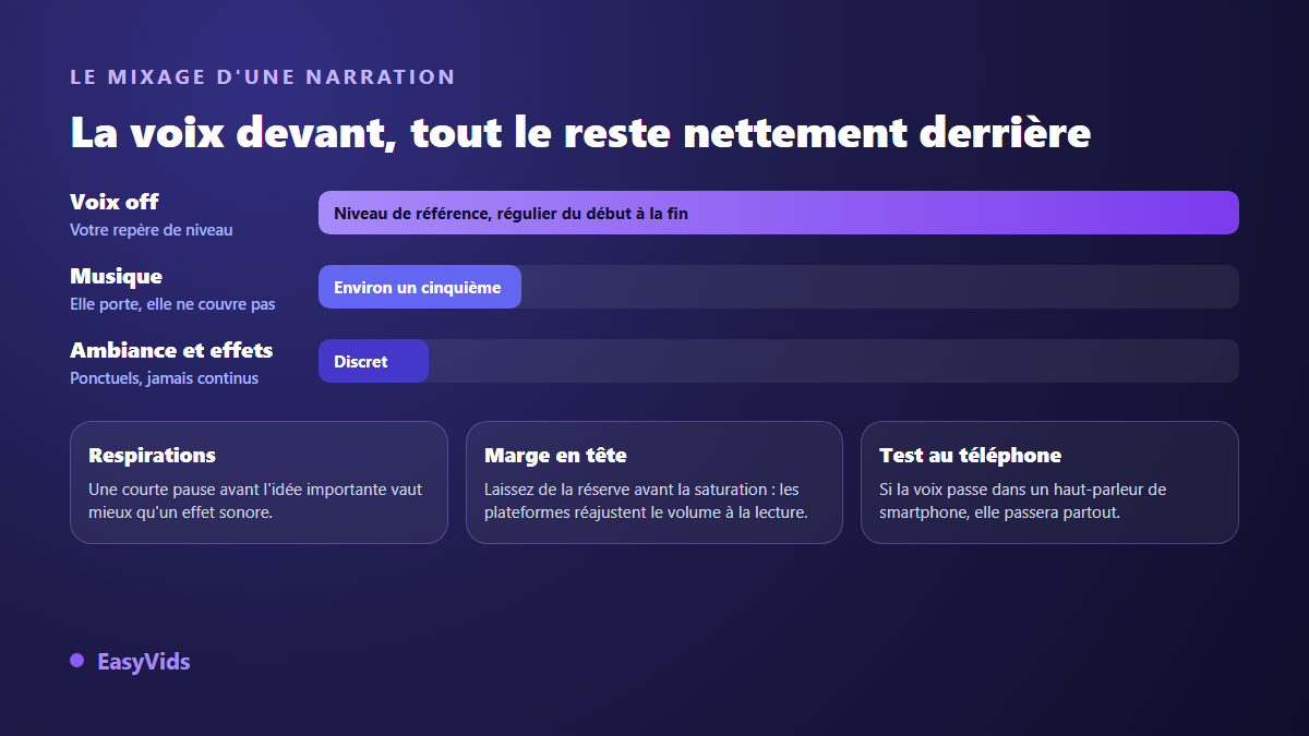 Schéma du mixage d'une voix off : niveau de la narration, musique de fond très en dessous, ambiances discrètes