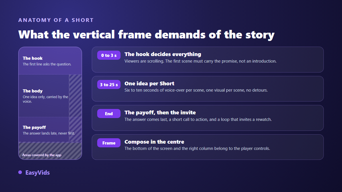 Anatomy of a vertical YouTube Short: the first three seconds hook, the body of the story, the payoff, and the 9:16 areas covered by player controls