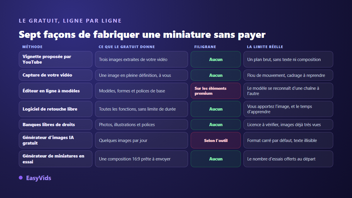Tableau de sept méthodes gratuites pour créer une miniature YouTube, avec ce que chacune donne, la présence d'un filigrane et sa limite réelle