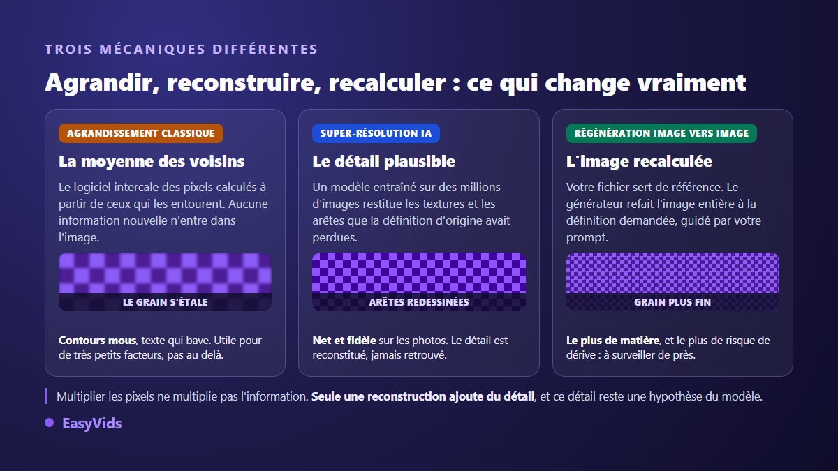 Comparaison des trois méthodes pour agrandir une image : interpolation classique, super-résolution IA et régénération image vers image