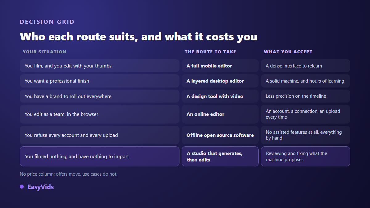 Decision grid for CapCut alternatives, matching each situation with a route and what that route asks you to accept