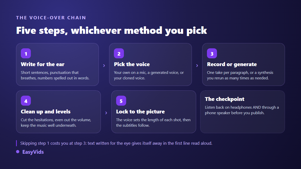 The five steps of a voice over: text for the ear, choosing the voice, recording or generating, cleaning and levels, locking to the visuals
