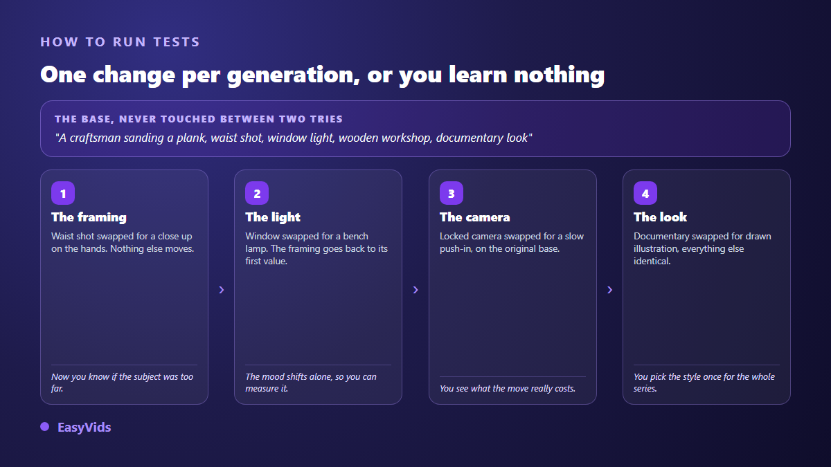 Testing an AI video prompt by changing a single variable per generation