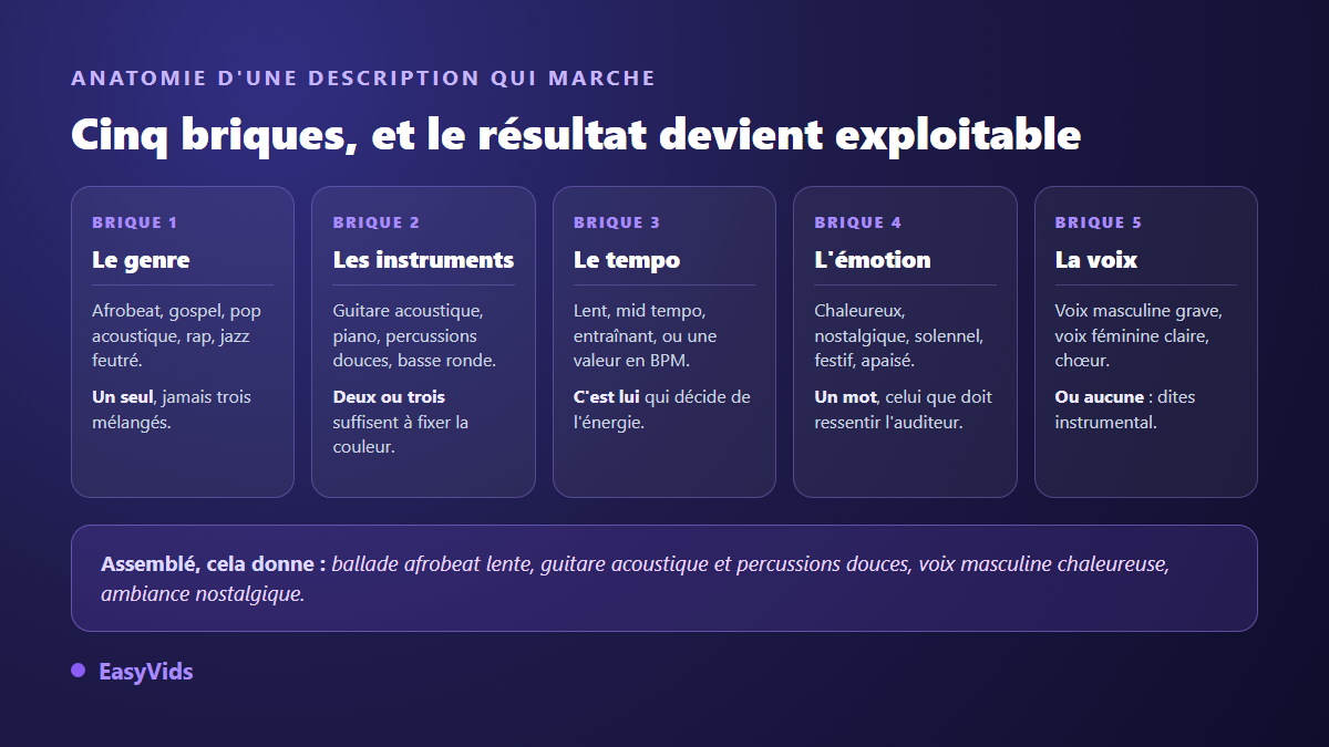 Anatomie d'une description de style pour un générateur de musique IA : genre, instruments, tempo, émotion et voix