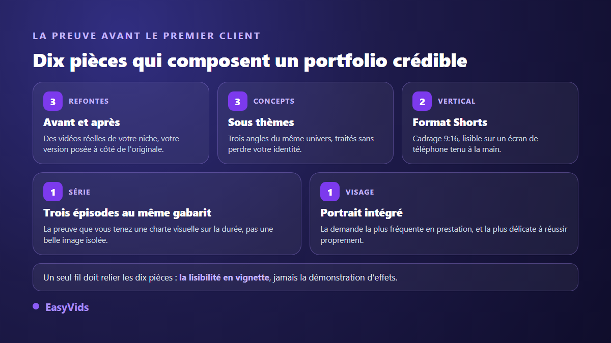 Composition d'un portfolio de miniatures YouTube : refontes avant après, concepts de niche, formats verticaux, série et portrait