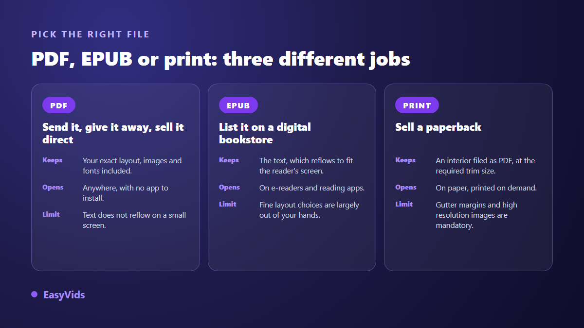 PDF, EPUB and printed book compared for publishing an ebook by distribution channel