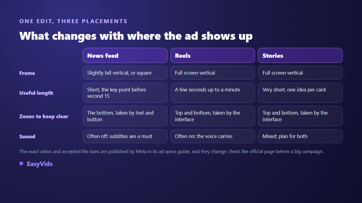 Facebook ad placements compared: feed, Reels and stories, with framing, useful duration and interface safe zones