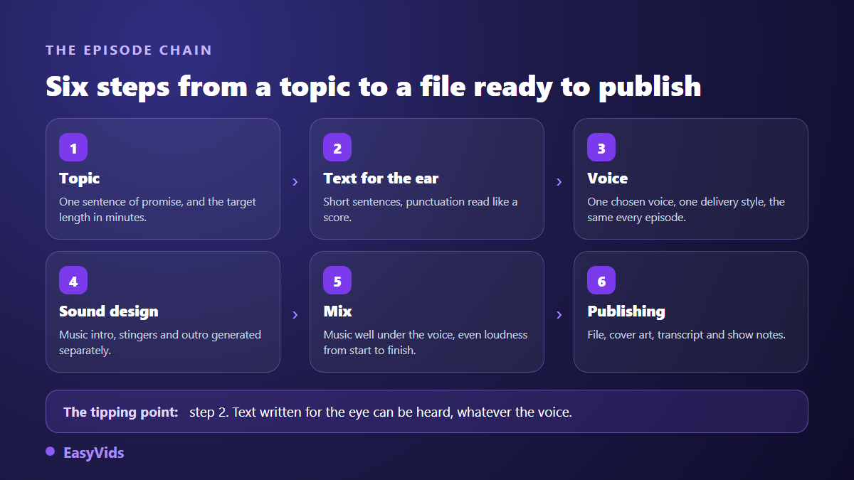 The six steps of producing a podcast episode with an AI voice: topic, script, voice, sound design, mix, publication