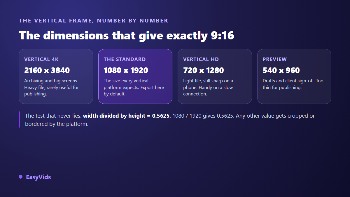 Table of 9:16 vertical video dimensions: 2160 x 3840, 1080 x 1920, 720 x 1280 and 540 x 960 pixels