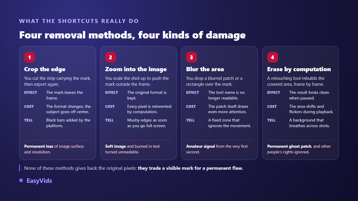 Four watermark removal methods on a video and the damage each one causes to the image