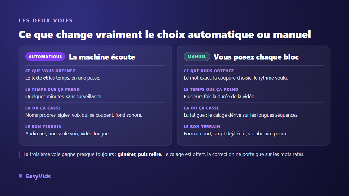Comparaison entre sous-titres automatiques et sous-titres manuels : résultat obtenu, temps nécessaire, points de rupture et terrain idéal