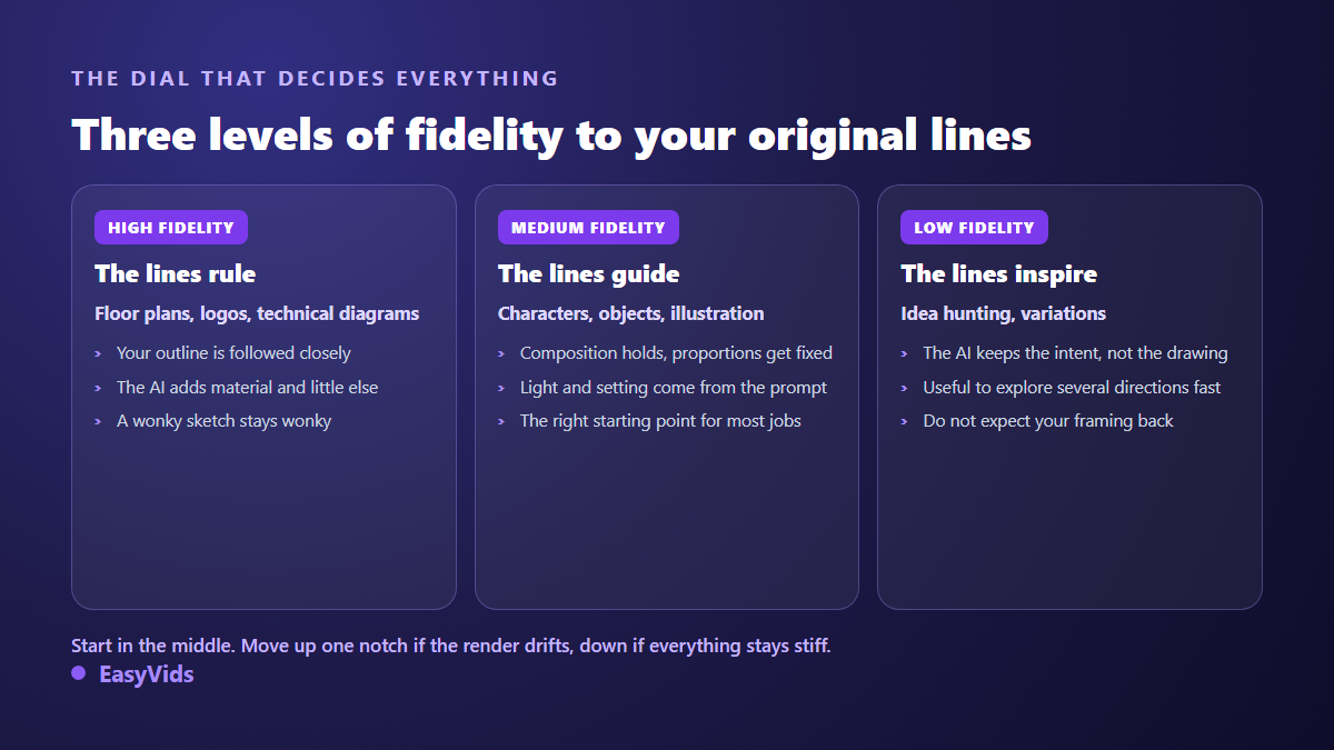 Three levels of fidelity to the original sketch during a sketch to image AI conversion