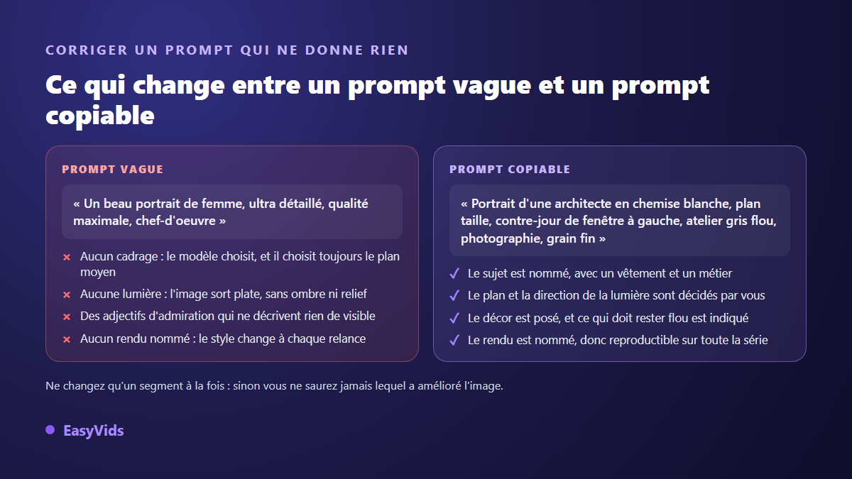 Comparaison entre un prompt image IA vague et un prompt copiable structuré en cinq segments