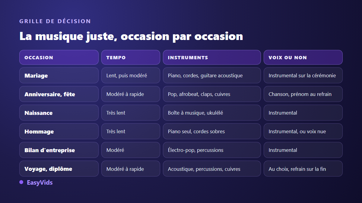 Grille de décision de la musique d'un diaporama par occasion : tempo, instruments et présence de voix