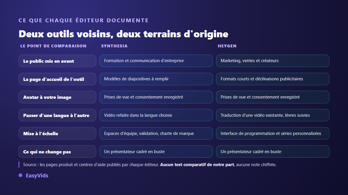 Comparaison Synthesia vs HeyGen : public visé, avatar personnalisé, traduction, mise à l'échelle