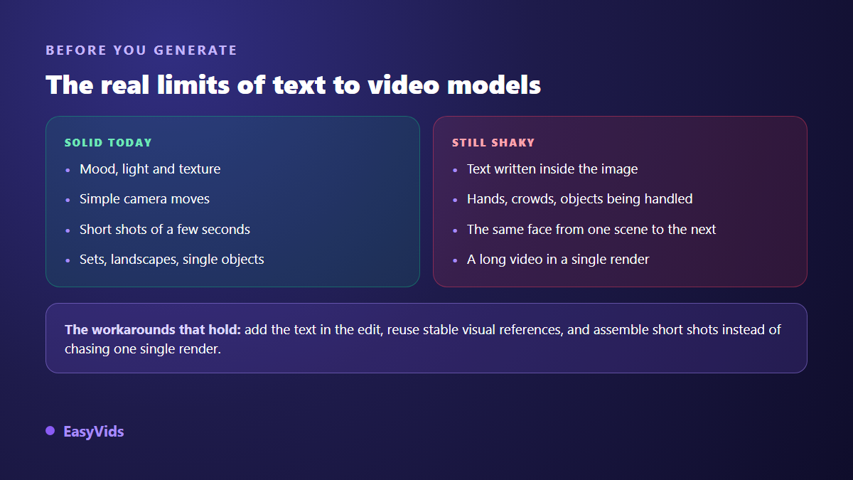 What text to video models handle well and what remains fragile, with the workarounds to apply in the edit