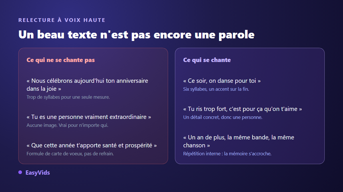 Comparaison entre des paroles de chanson trop longues et des lignes courtes réellement chantables