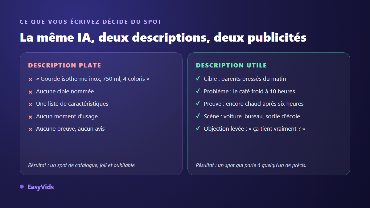 Comparaison de deux descriptions produit données à un générateur de publicité IA et du spot obtenu dans chaque cas