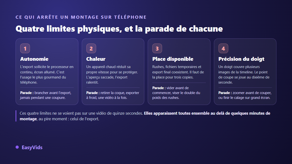 Les quatre limites du montage vidéo sur téléphone, autonomie, chaleur, place disponible et précision du doigt, avec la parade pour chacune