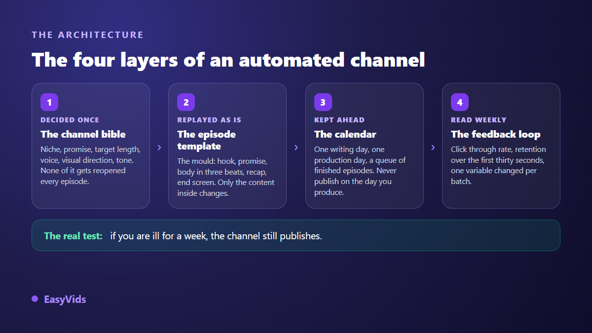 The four layers of an automated YouTube channel: channel bible, episode template, publishing calendar and feedback loop