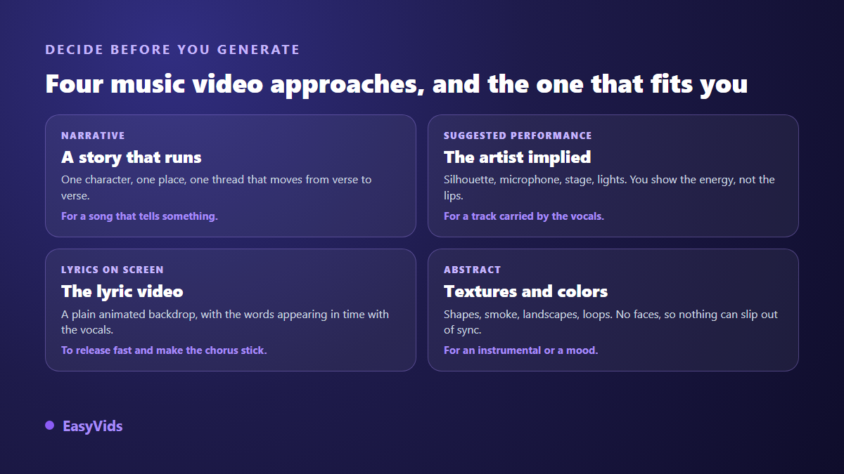 Four AI music video directions: narrative, suggested performance, lyric video and abstract