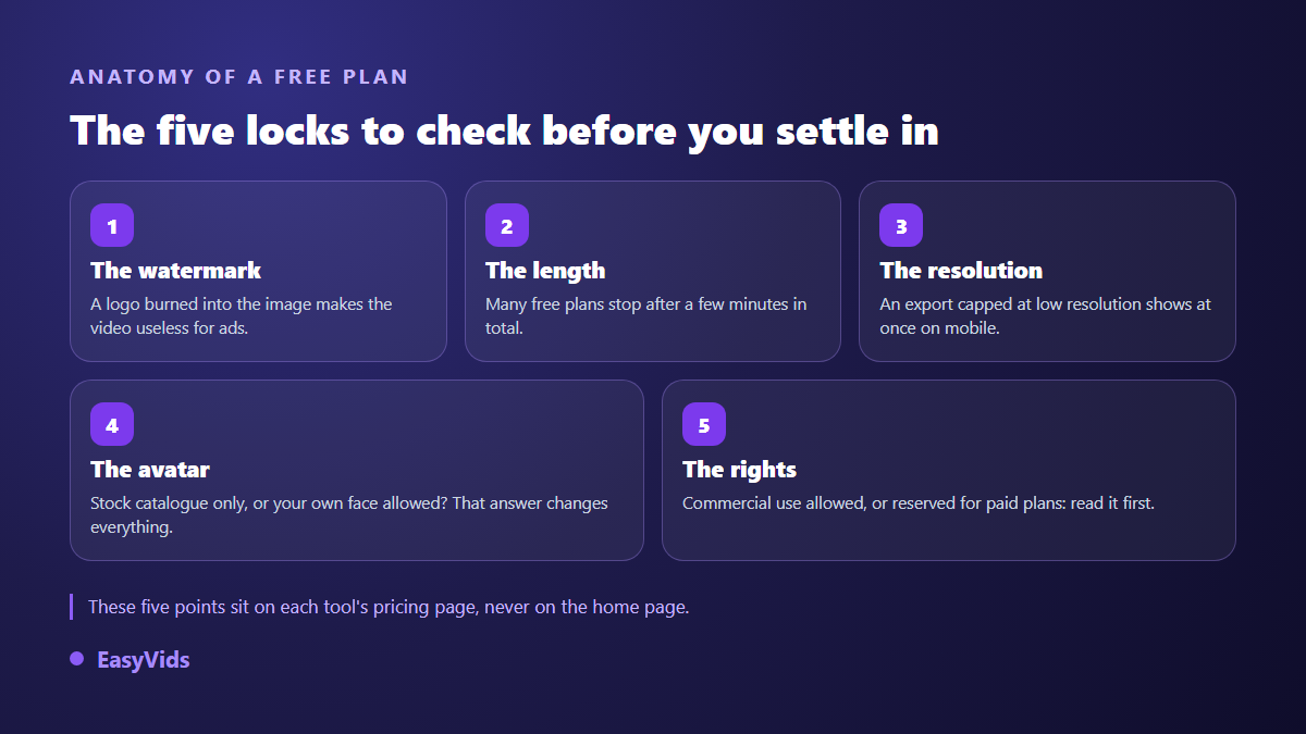The five limits of a free AI avatar plan: watermark, duration, resolution, avatar source and usage rights