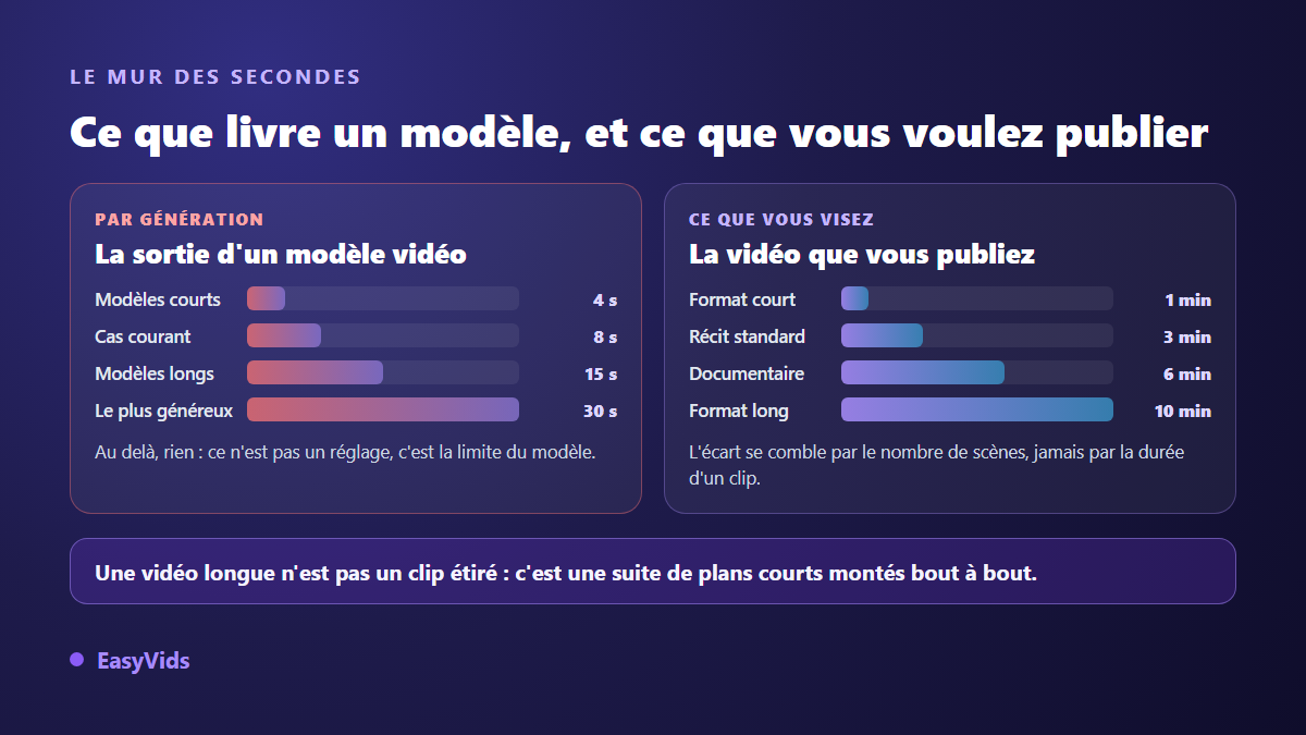 Comparaison entre la durée maximale d'un clip généré par un modèle vidéo IA et la durée réelle d'une vidéo publiée