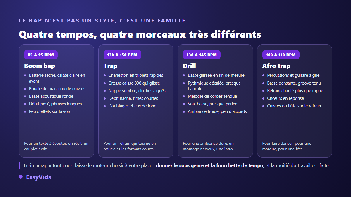 Quatre sous genres de rap comparés : boom bap, trap, drill et afro trap, avec leur fourchette de tempo et leurs instruments