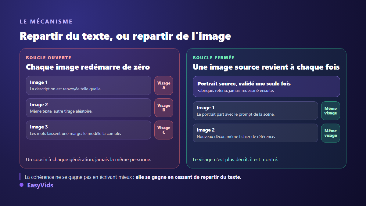 Comparaison entre une génération d'images IA qui repart du texte et une génération qui repart d'une image de référence du personnage