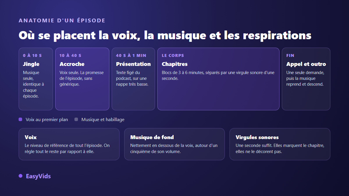 Anatomie d'un épisode de podcast : jingle, accroche, présentation, chapitres et outro, avec les niveaux de voix et de musique