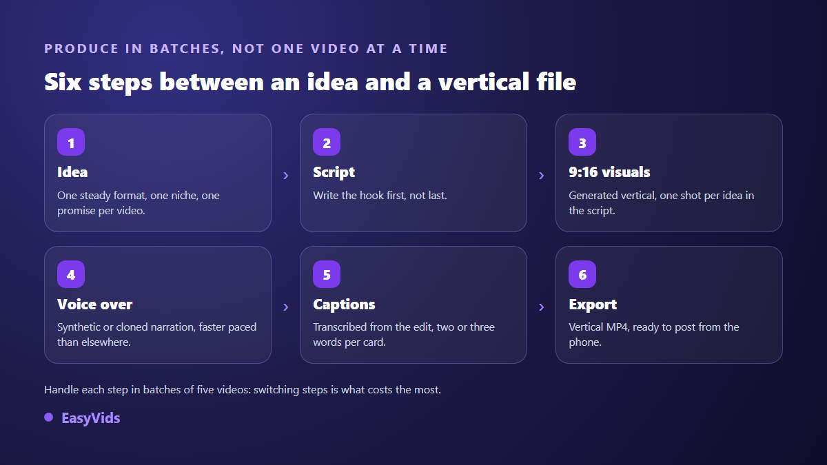 Production line for a faceless TikTok video: idea, script, 9:16 visuals, voice over, captions, MP4 export