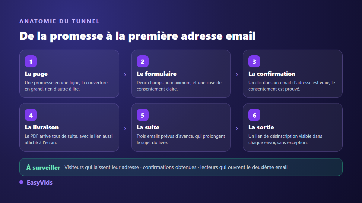 Anatomie d'un tunnel de lead magnet : page de capture, formulaire, confirmation, livraison du PDF, séquence d'emails