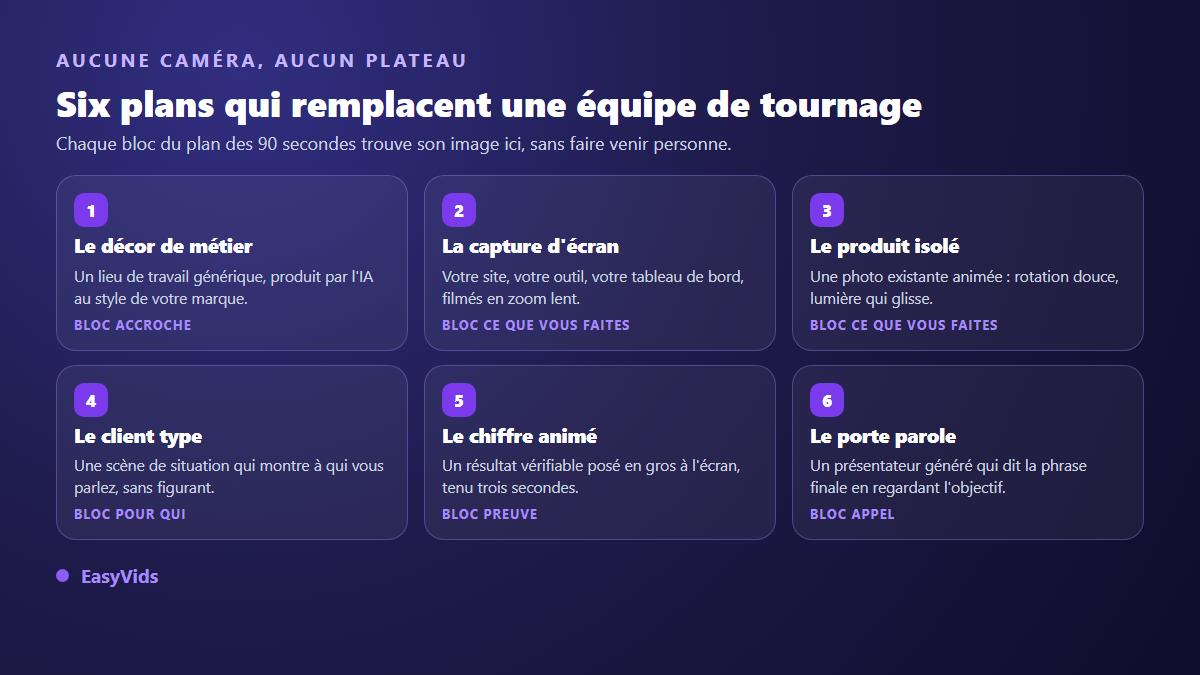 Six plans à montrer dans une vidéo d'entreprise sans tournage : décor de métier, capture d'écran, photo animée, plan de situation, chiffre, porte parole