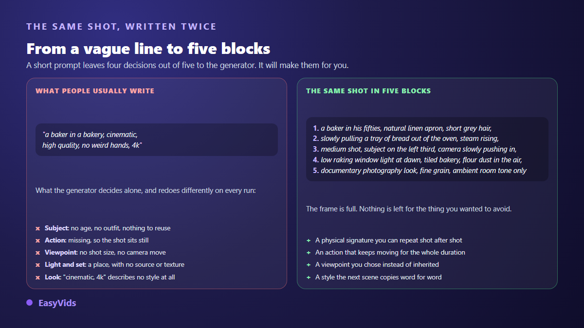 A vague AI video prompt rewritten in five blocks, with what each block adds to the shot