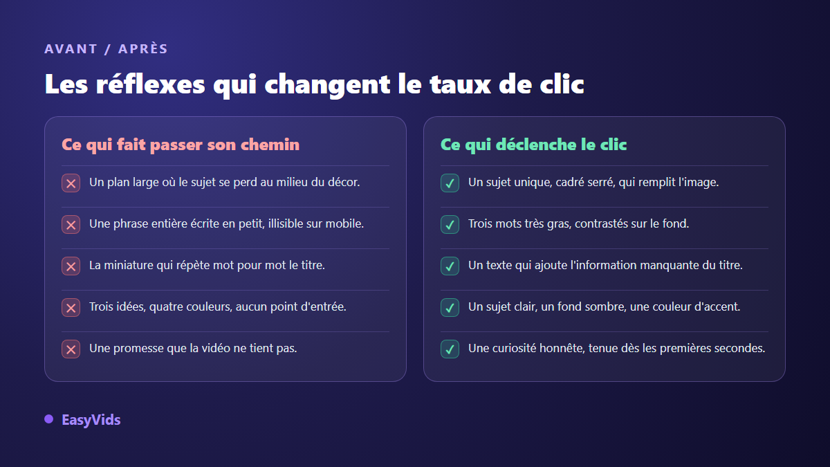 Comparaison des erreurs de miniature YouTube et des bons réflexes qui augmentent le taux de clic