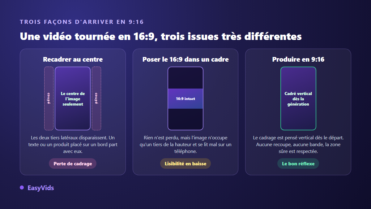 Trois façons de passer d'une vidéo 16:9 à une story verticale 9:16 : recadrage centré, cadre avec bandes, production native en vertical