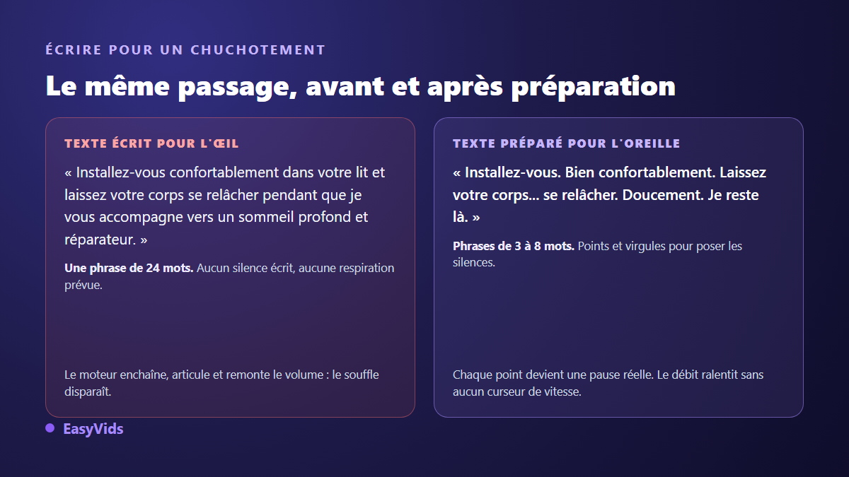Comparaison d'un texte écrit pour l'oeil et d'un texte préparé pour une voix chuchotée en ASMR