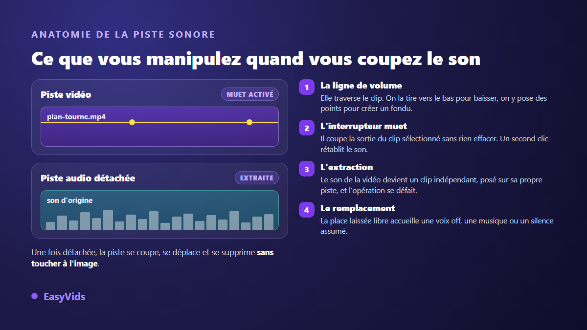 Anatomie de la piste sonore dans un éditeur vidéo : ligne de volume, interrupteur muet et piste audio détachée