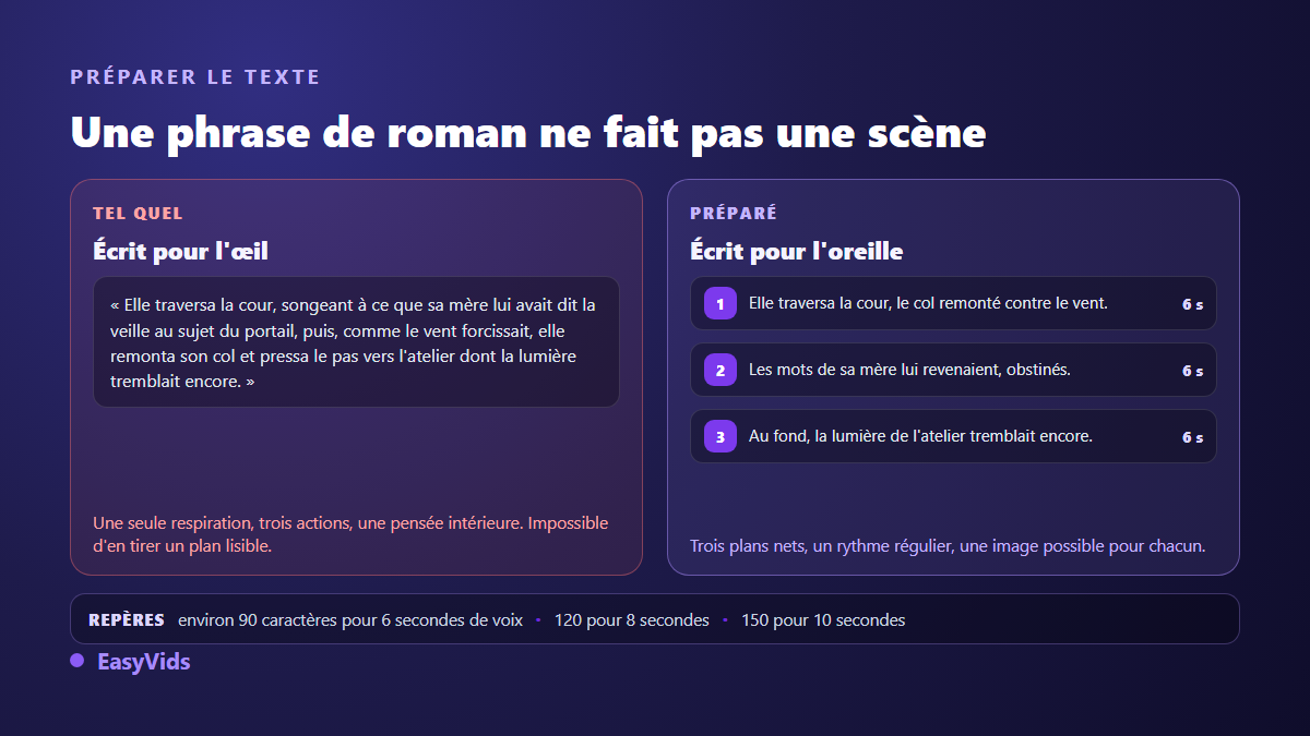 Avant après du découpage d'un récit en scènes vidéo : une phrase littéraire longue devient trois segments courts de six secondes