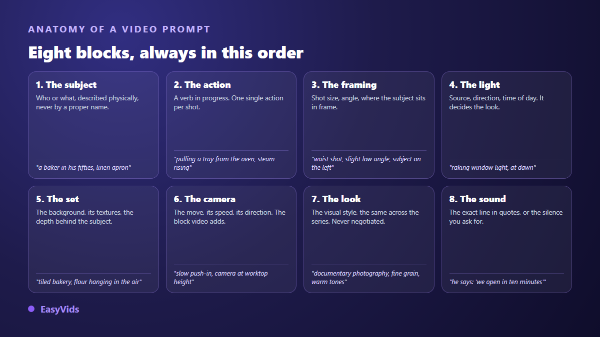 Anatomy of an AI video prompt in eight blocks: subject, action, framing, light, setting, camera, style and sound