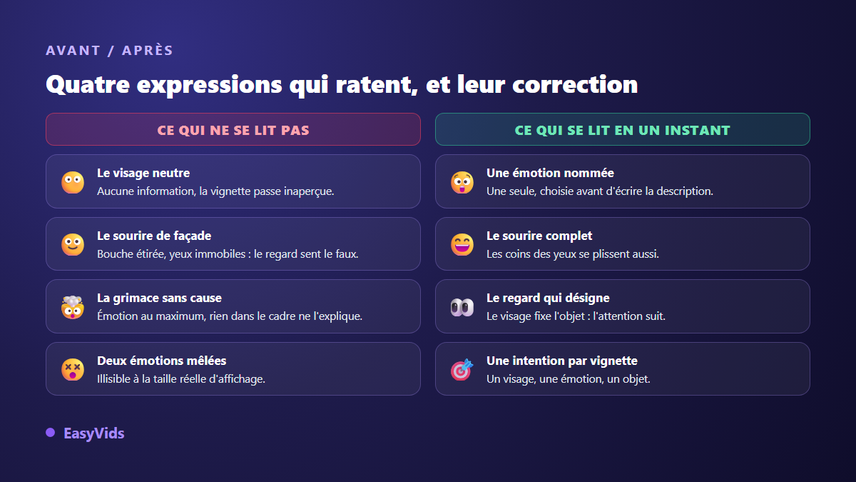 Erreurs d'expression du visage sur une miniature YouTube et leur correction : visage neutre, sourire de façade, grimace sans cause, émotions mélangées