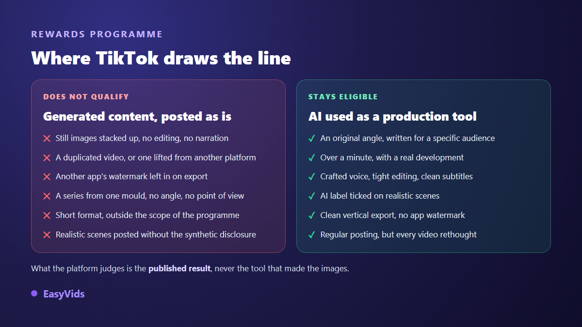 Comparison between raw AI-generated content that fails TikTok Creator Rewards qualification and an edited AI video that stays monetisable