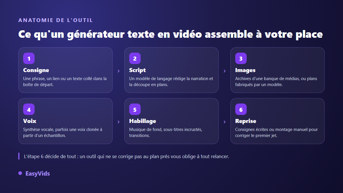 Les six étapes d'un générateur texte en vidéo : consigne, script, images, voix, habillage et reprise du premier jet