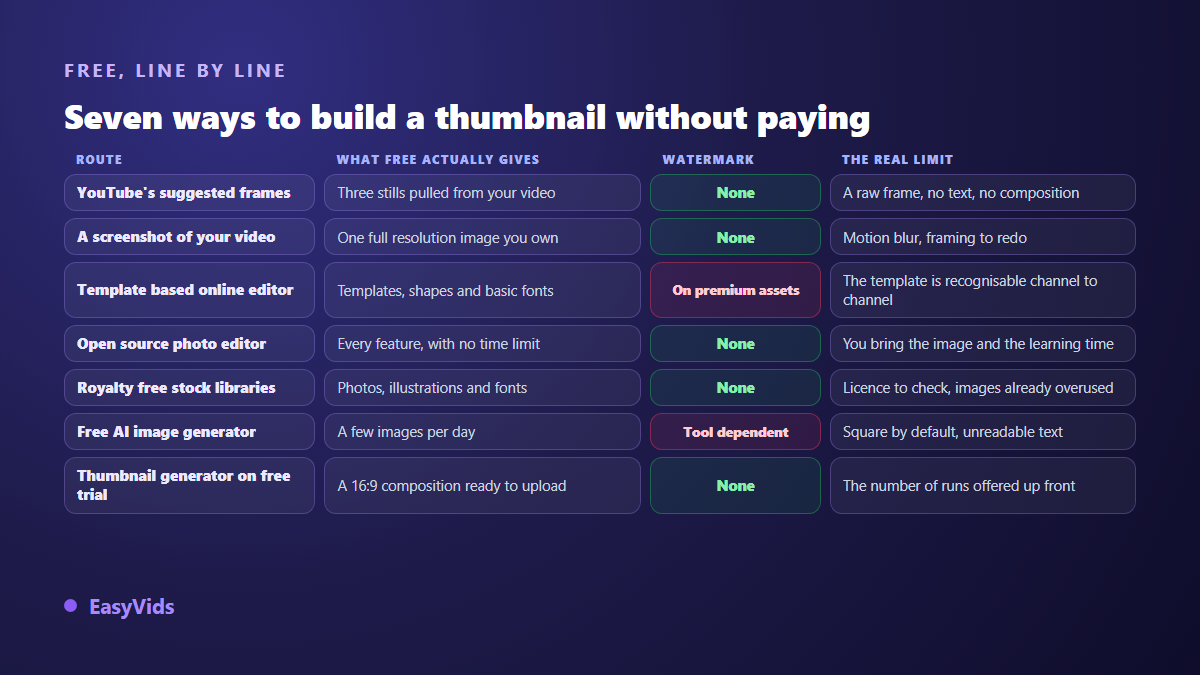 Comparison table of seven free ways to make a YouTube thumbnail, showing what each gives, whether a watermark appears and its real limit