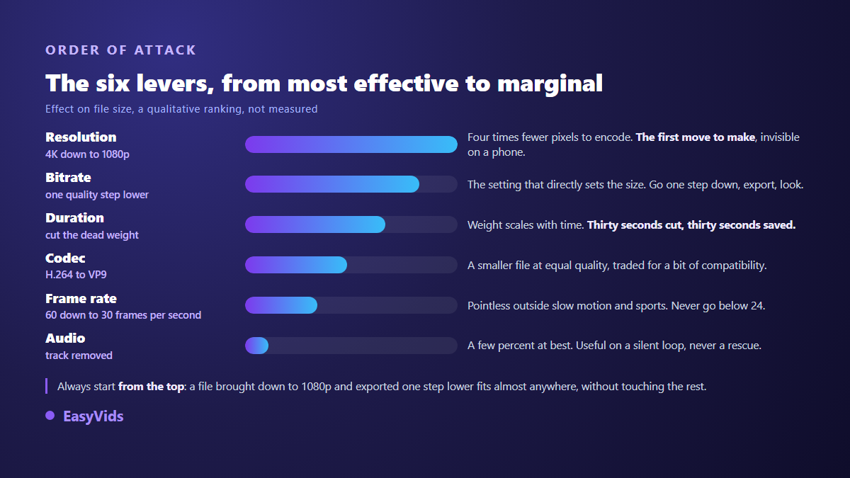 The six levers for shrinking a video ranked from resolution down to the audio track