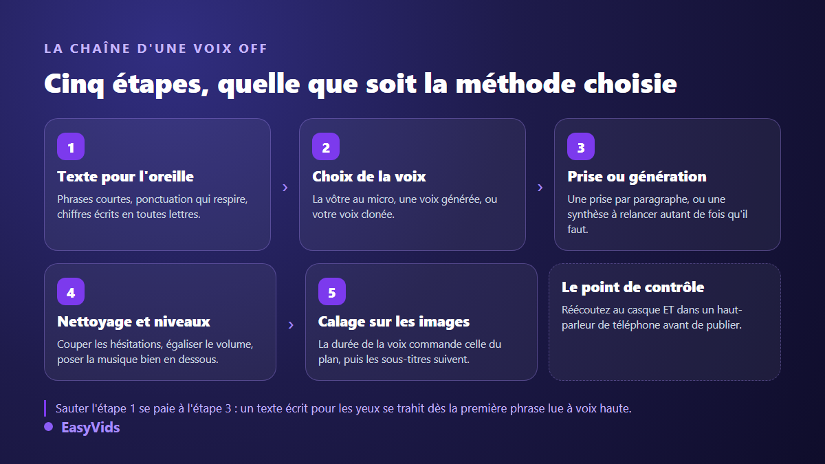 Les cinq étapes pour faire une voix off : texte pour l'oreille, choix de la voix, prise ou génération, nettoyage et niveaux, calage sur les images
